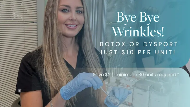 Botox promotion with pricing details and model.